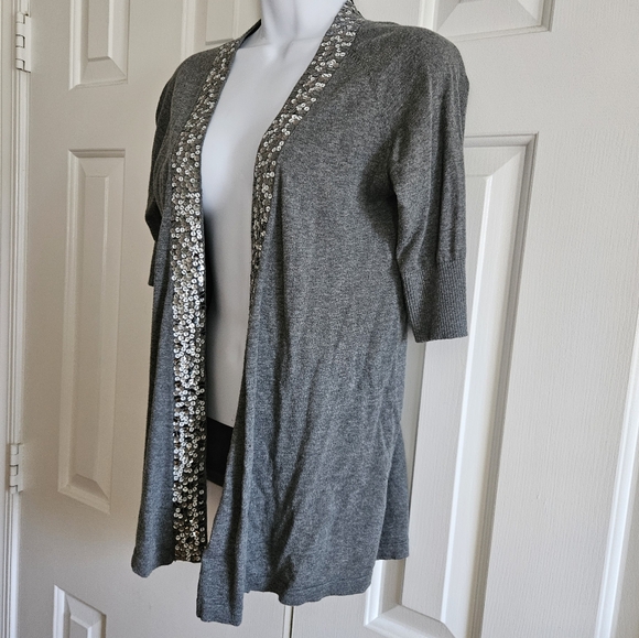 Express Womens Short Sleeve Cardigan Sweater Sequins S Gray Knit Lightweight - Picture 4 of 8